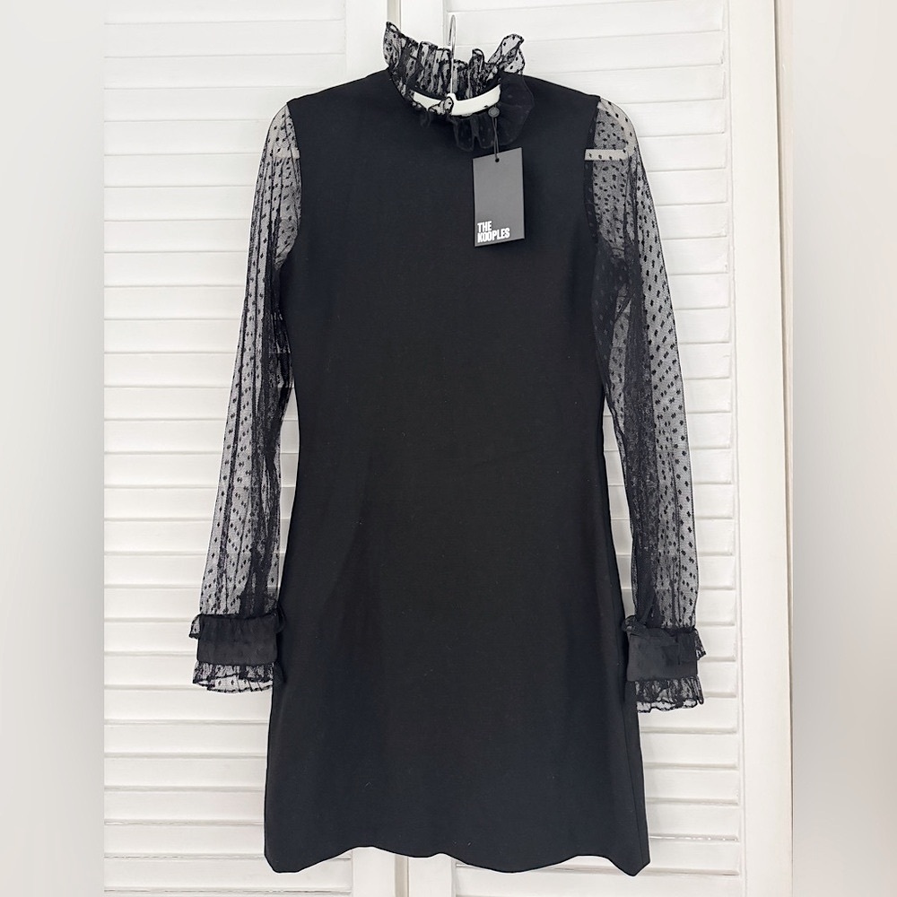 NWT The Kooples Short Mini Dress with Lace High Neck, Sheer Long Sleeves - Black